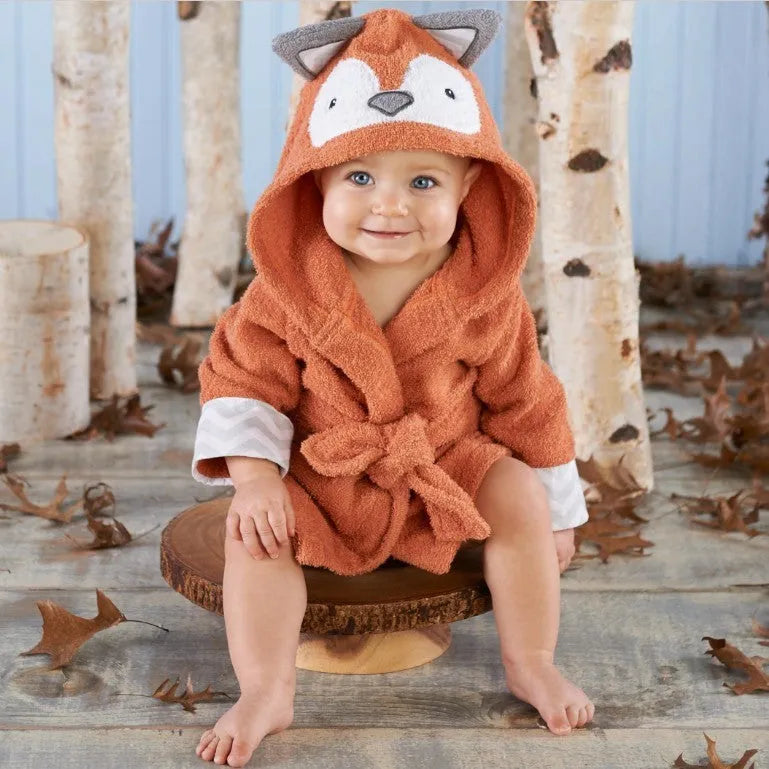Children's hooded absorbent cotton bathrobe with animal shape, cartoon design, in fox pattern