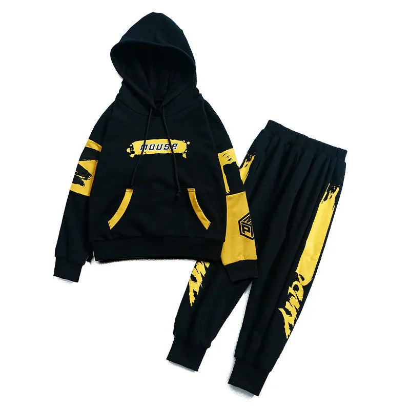 Boy's black and yellow hooded cotton sports suit two-piece tracksuit Korean style