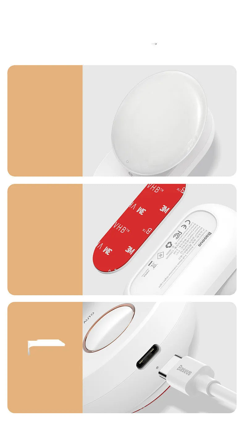 White USB rechargeable sensor night light with warm LED glow, shown on a bedroom nightstand.