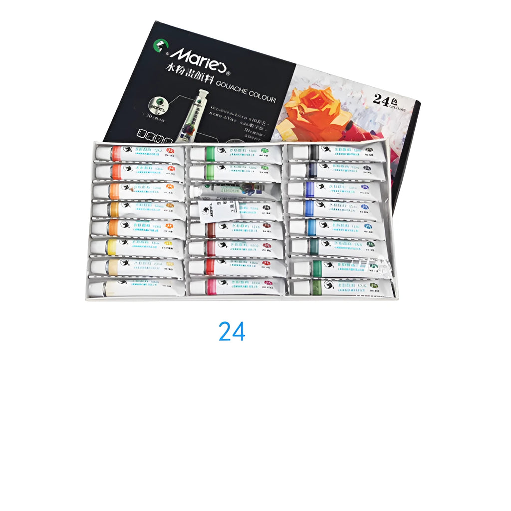 Boxed Marley gouache paint set showing tubes in 12 or 18 colours with fine pigments for artists.