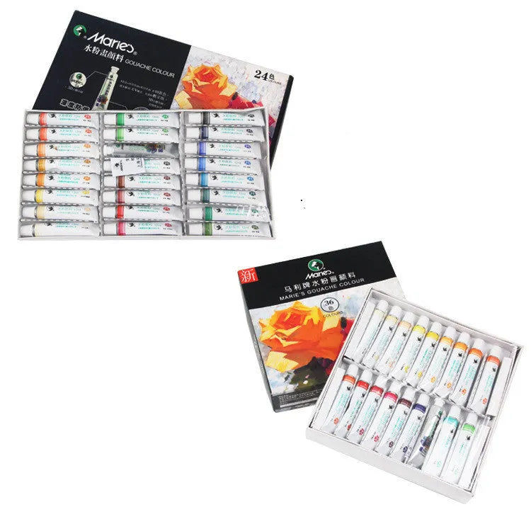 Boxed Marley gouache paint set showing tubes in 12 or 18 colours with fine pigments for artists.