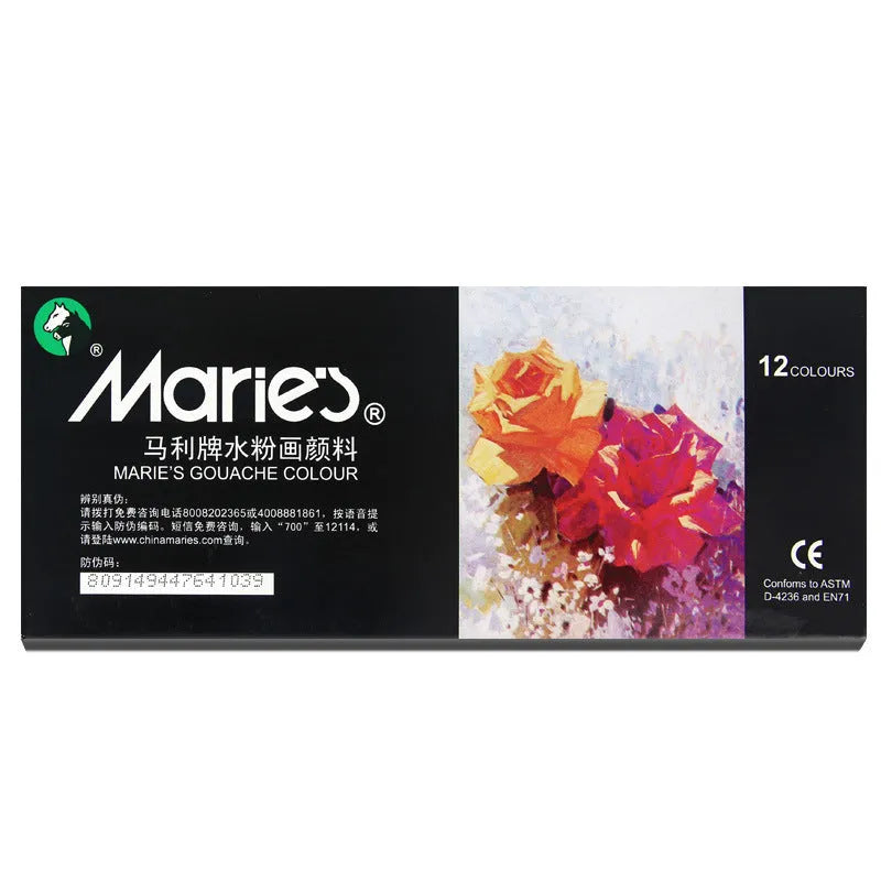 Boxed Marley gouache paint set showing tubes in 12 or 18 colours with fine pigments for artists.