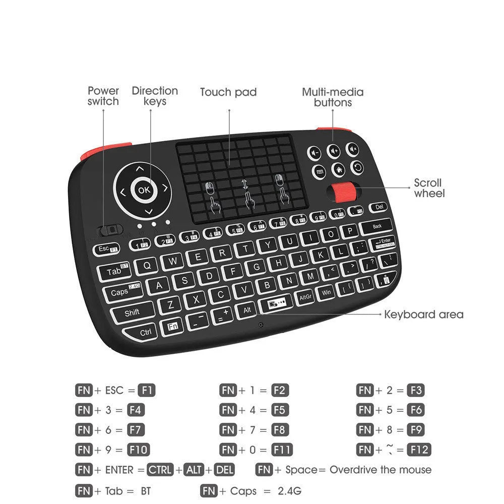 Black dual mode mini wireless keyboard with Bluetooth, 2.4G, USB interface, and multimedia keys, 155x89x16.5mm