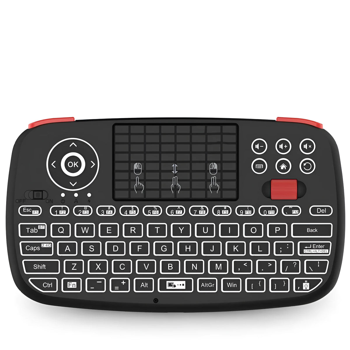 Black dual mode mini wireless keyboard with Bluetooth, 2.4G, USB interface, and multimedia keys, 155x89x16.5mm