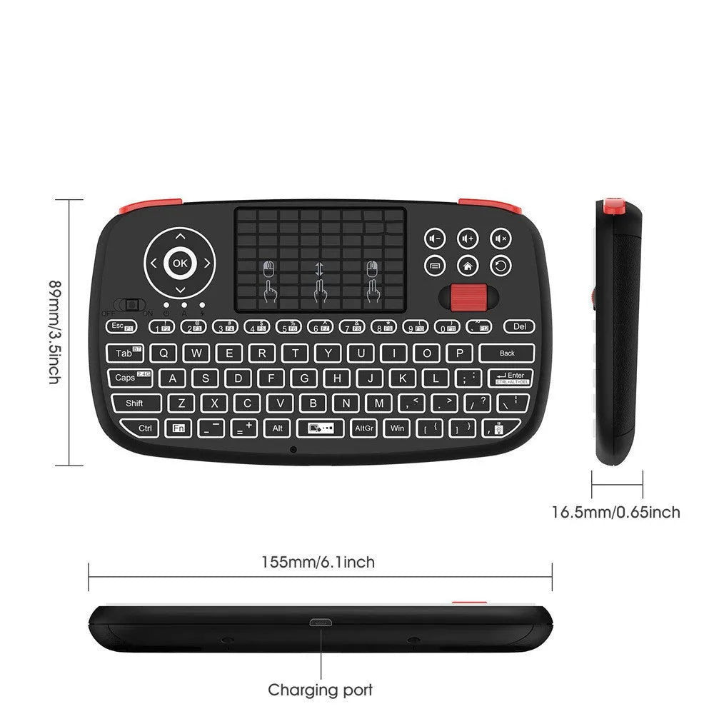 Black dual mode mini wireless keyboard with Bluetooth, 2.4G, USB interface, and multimedia keys, 155x89x16.5mm