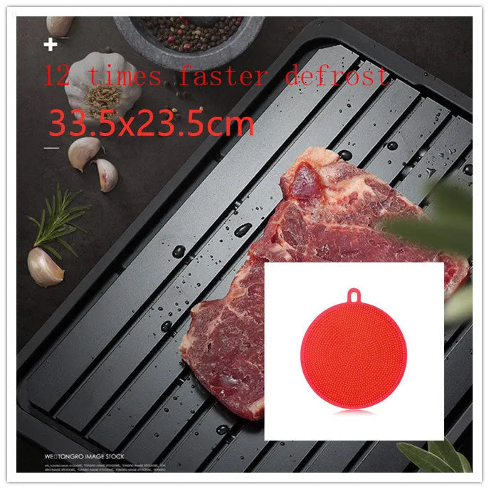 Quick defrost tray with drip tray, silica gel and aluminium alloy thawing plate, multiple sizes