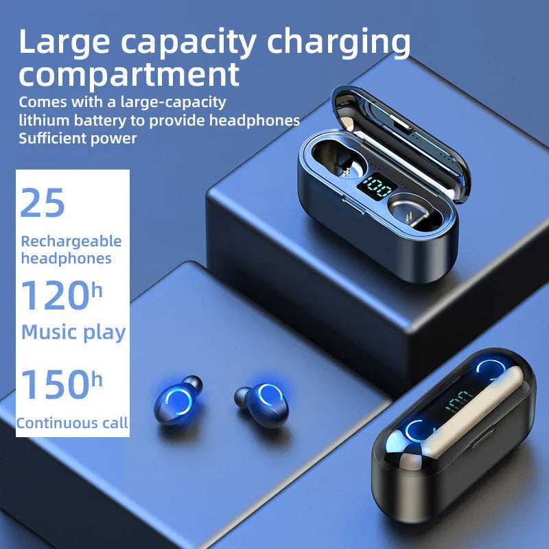 Touch wireless Bluetooth 5.0 headset with battery display, bilateral stereo earplug design, black or white