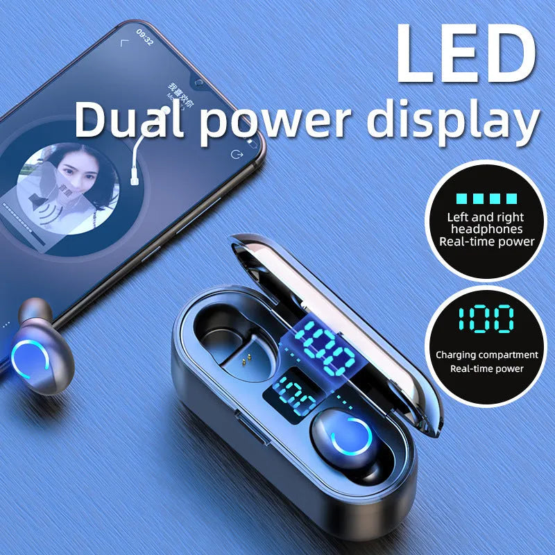 Touch wireless Bluetooth 5.0 headset with battery display, bilateral stereo earplug design, black or white