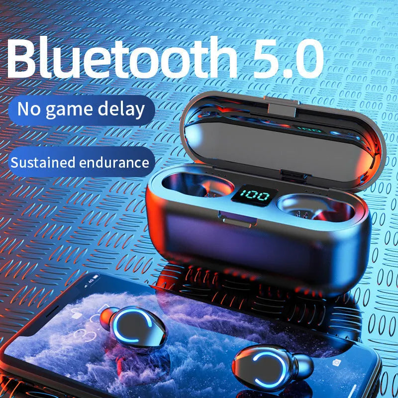 Touch wireless Bluetooth 5.0 headset with battery display, bilateral stereo earplug design, black or white