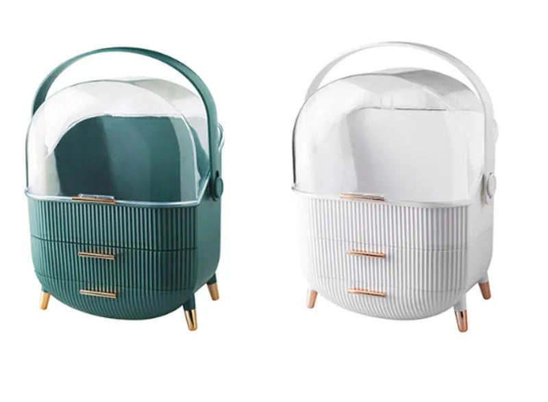 Desktop plastic storage box with lid for cosmetics, available in green, light green, or white colours