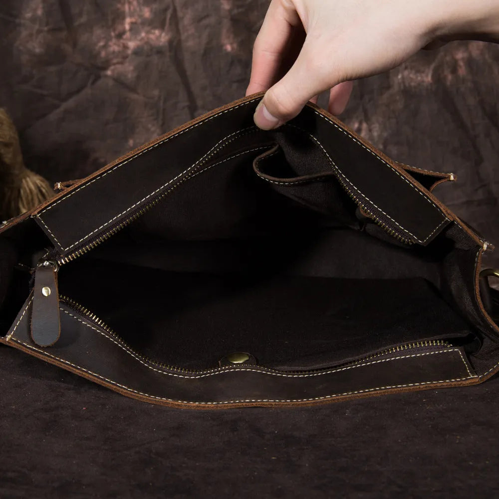 Men's dark brown first layer crazy horse leather handbag with shoulder strap and top handle, 36cm x 9cm x 27cm