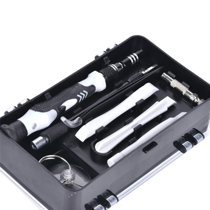 Magnetic CRV screwdriver bit set with flexible extension rod in a case, for mobile phone and laptop repair.