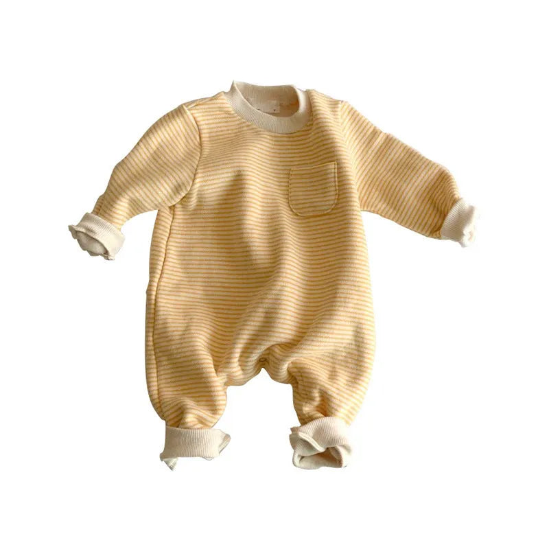 Yellow and black striped fleece-lined cotton baby jumpsuit with long sleeves on a hanger.