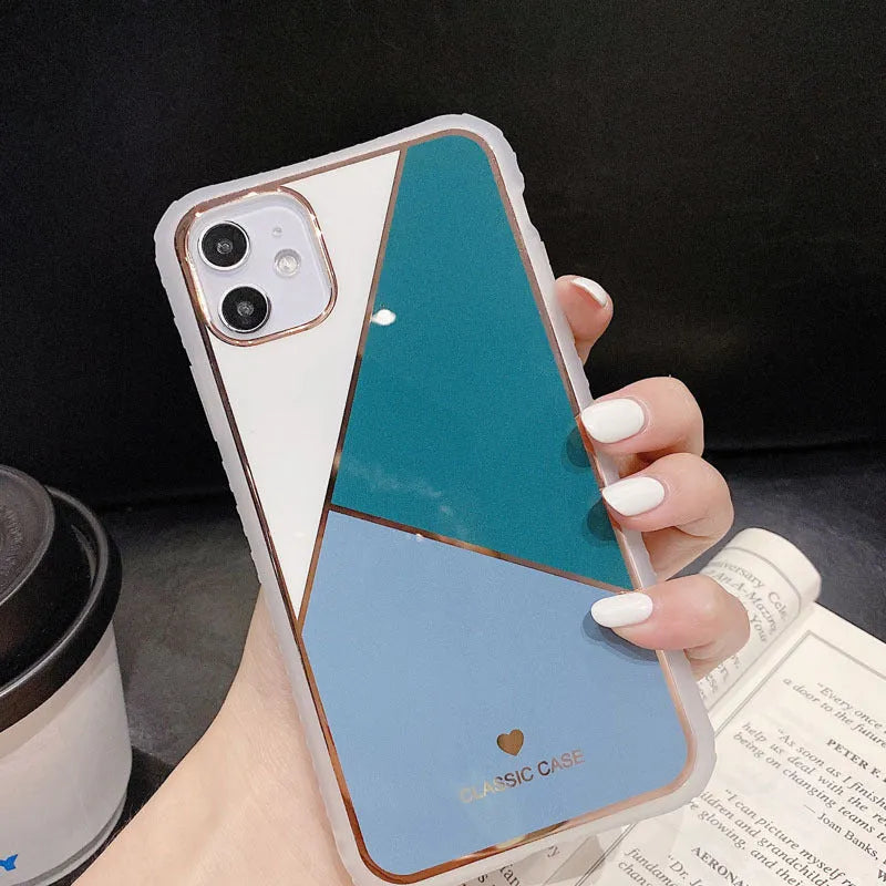 Geometric marble plating splicing phone case in glossy finish with silicone and TPU back cover for iPhone models