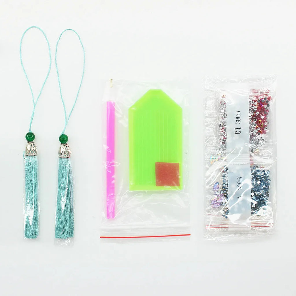 DIY diamond painting bookmark craft kit showing 6x21cm PU base with adhesive surface and pendant decoration