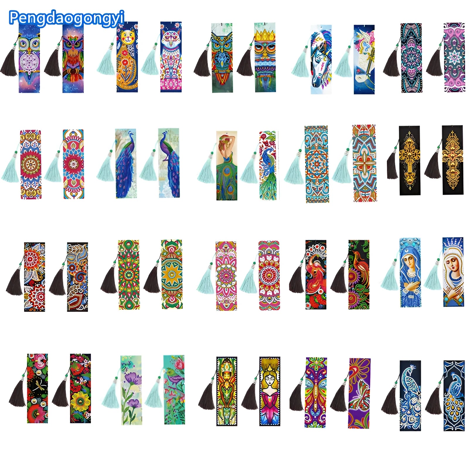 DIY diamond painting bookmark craft kit showing 6x21cm PU base with adhesive surface and pendant decoration