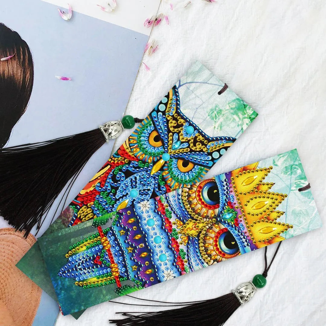 DIY diamond painting bookmark craft kit showing 6x21cm PU base with adhesive surface and pendant decoration