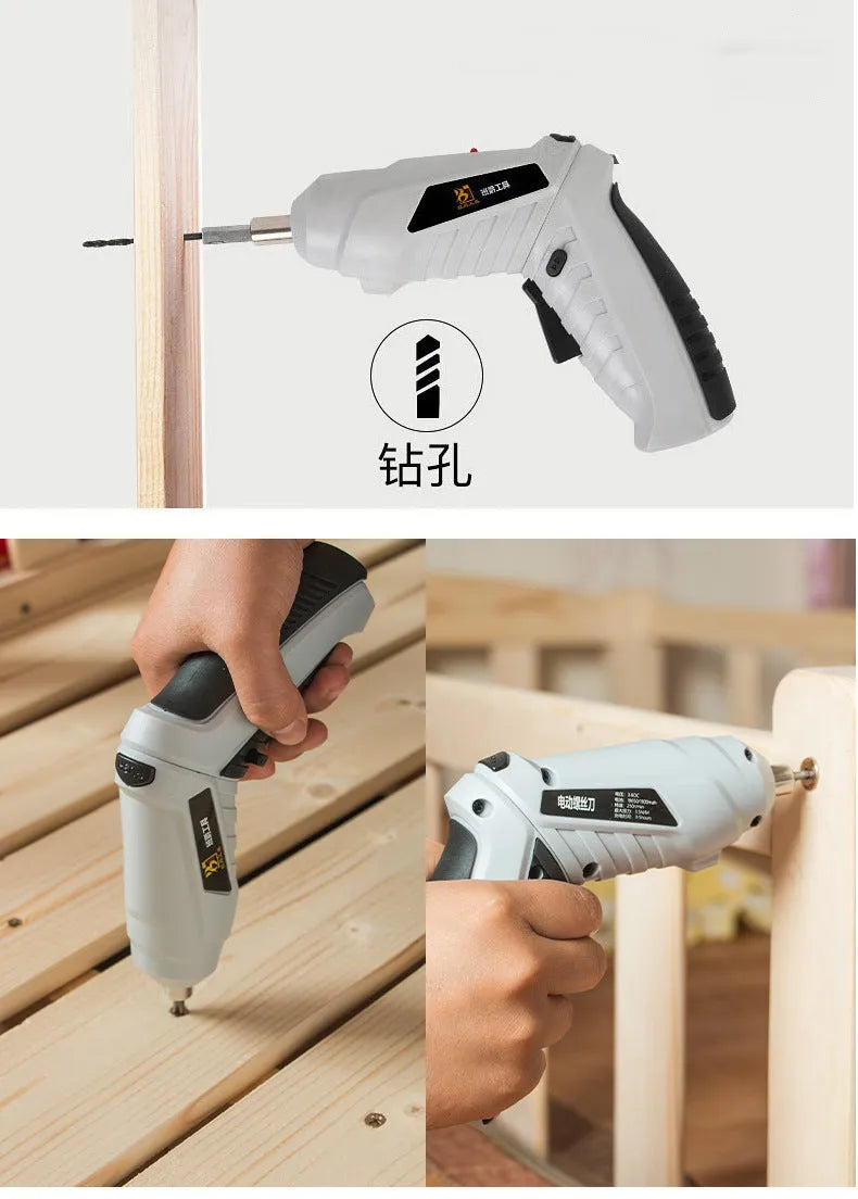 Black rechargeable pistol grip screwdriver with USB cable and set of driver bits on a grey background