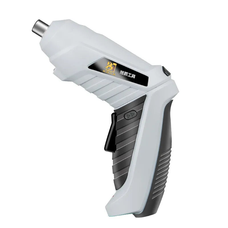 Black rechargeable pistol grip screwdriver with USB cable and set of driver bits on a grey background