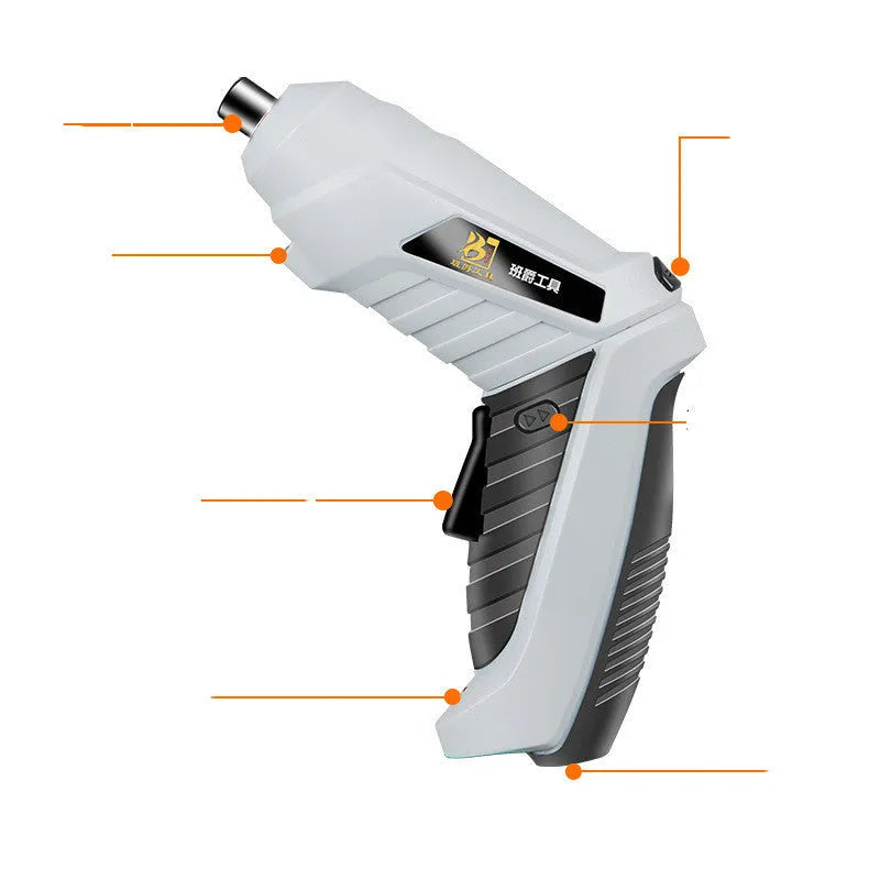 Black rechargeable pistol grip screwdriver with USB cable and set of driver bits on a grey background