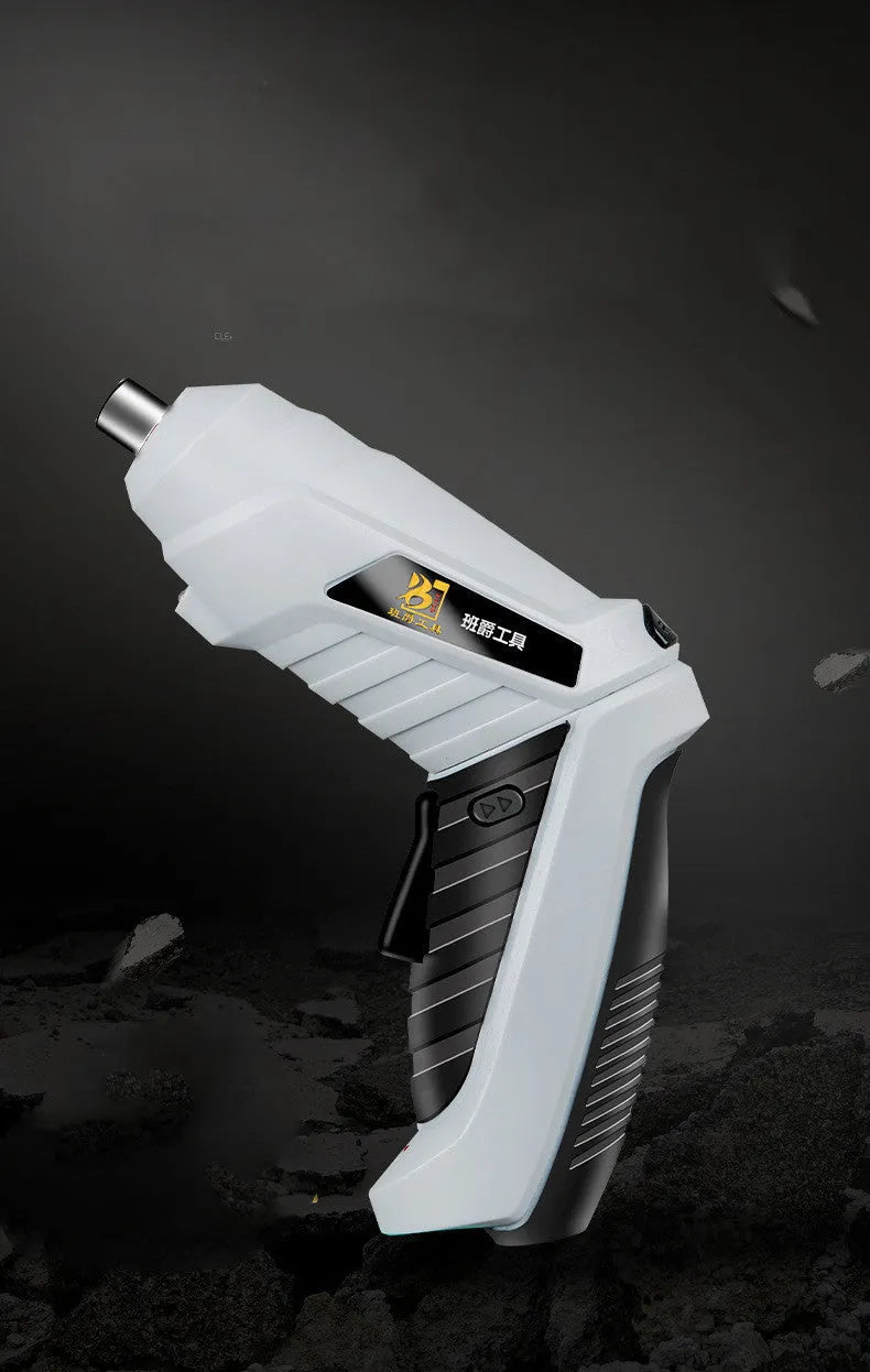 Black rechargeable pistol grip screwdriver with USB cable and set of driver bits on a grey background