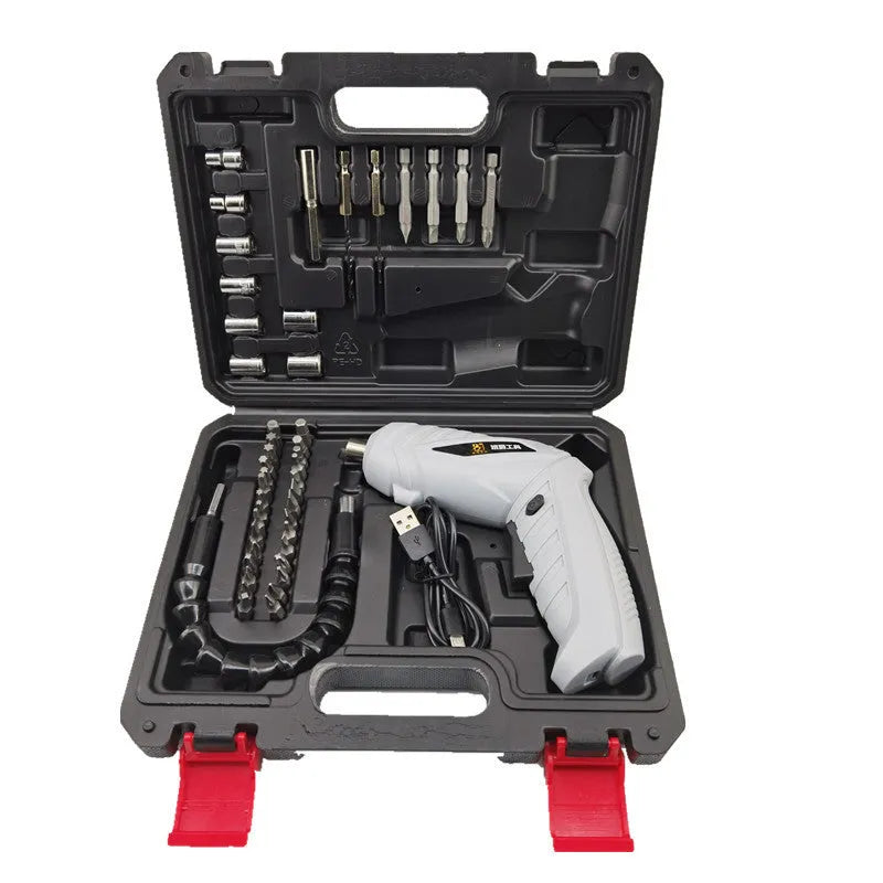 Black rechargeable pistol grip screwdriver with USB cable and set of driver bits on a grey background