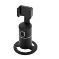 Black smart tracking gimbal stabiliser attached to a mobile phone, showing rotational axes.