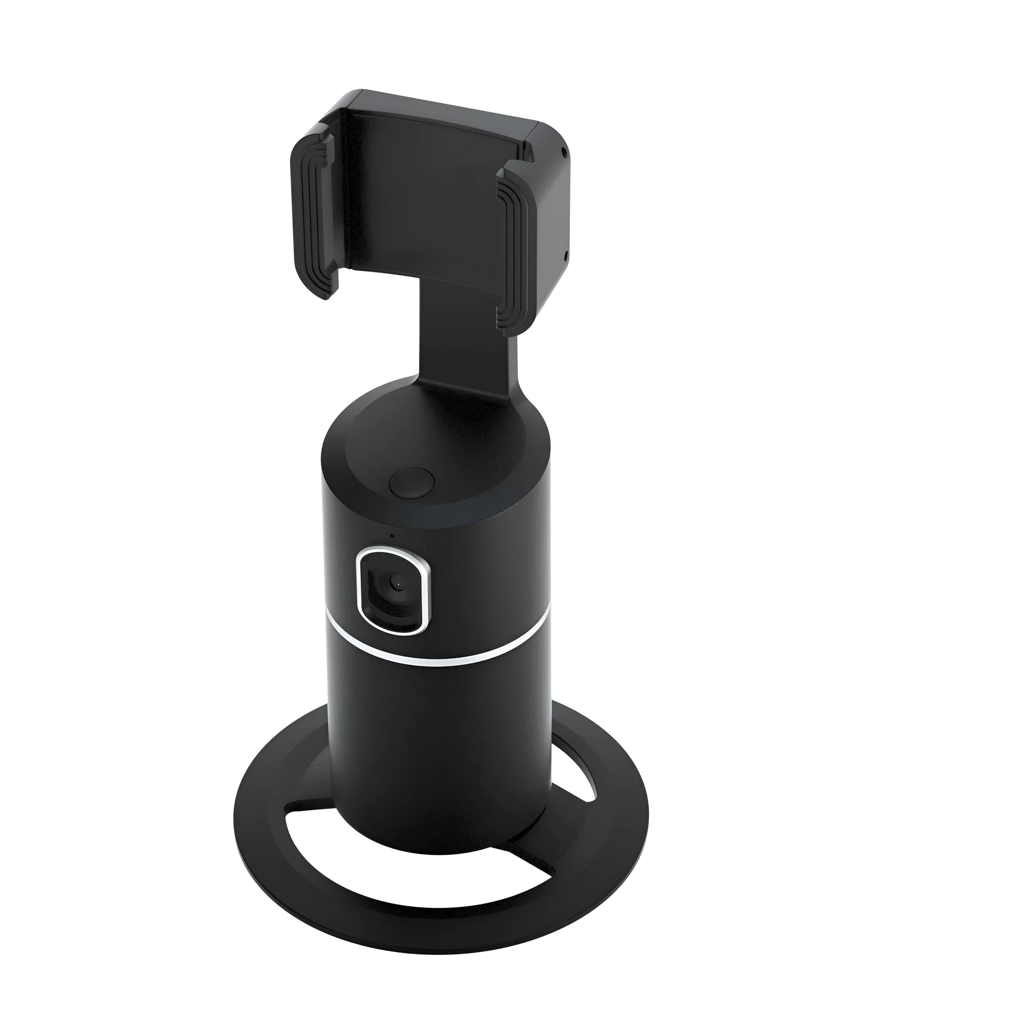 Black smart tracking gimbal stabiliser attached to a mobile phone, showing rotational axes.