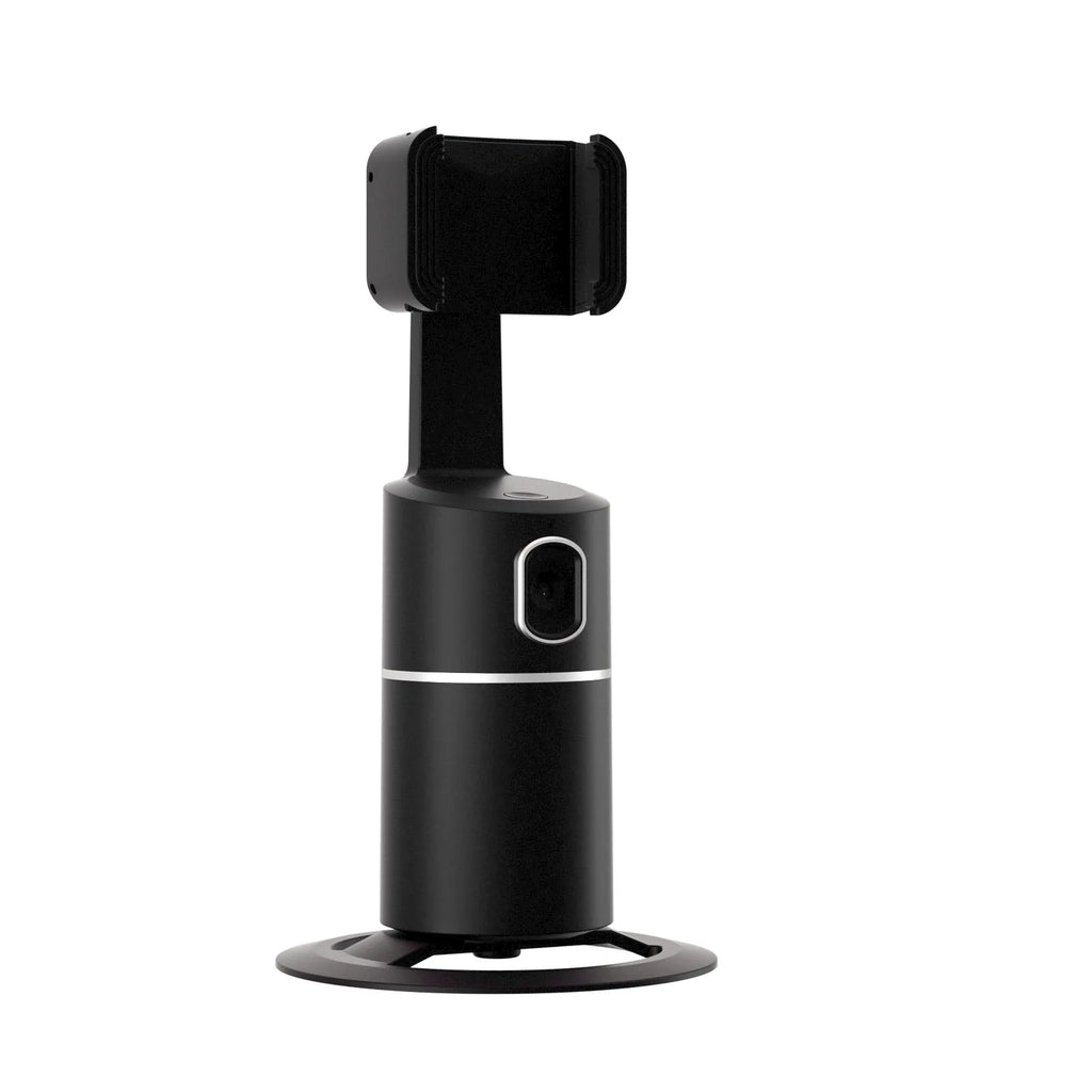 Black smart tracking gimbal stabiliser attached to a mobile phone, showing rotational axes.
