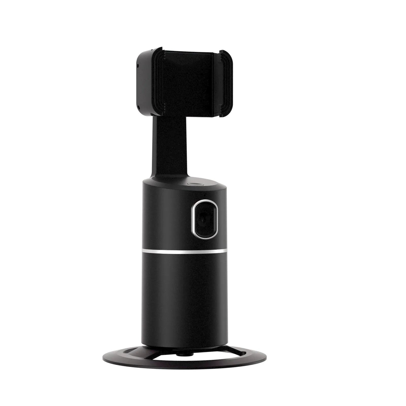 Black smart tracking gimbal stabiliser attached to a mobile phone, showing rotational axes.