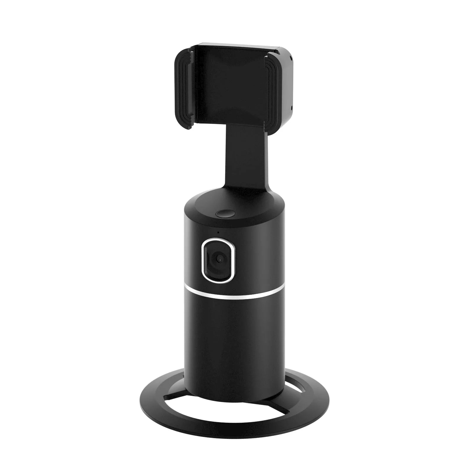 Black smart tracking gimbal stabiliser attached to a mobile phone, showing rotational axes.
