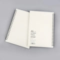 Coil-bound notebook with grid dot matrix ruling in A6, A5, and B5 sizes on a desk.