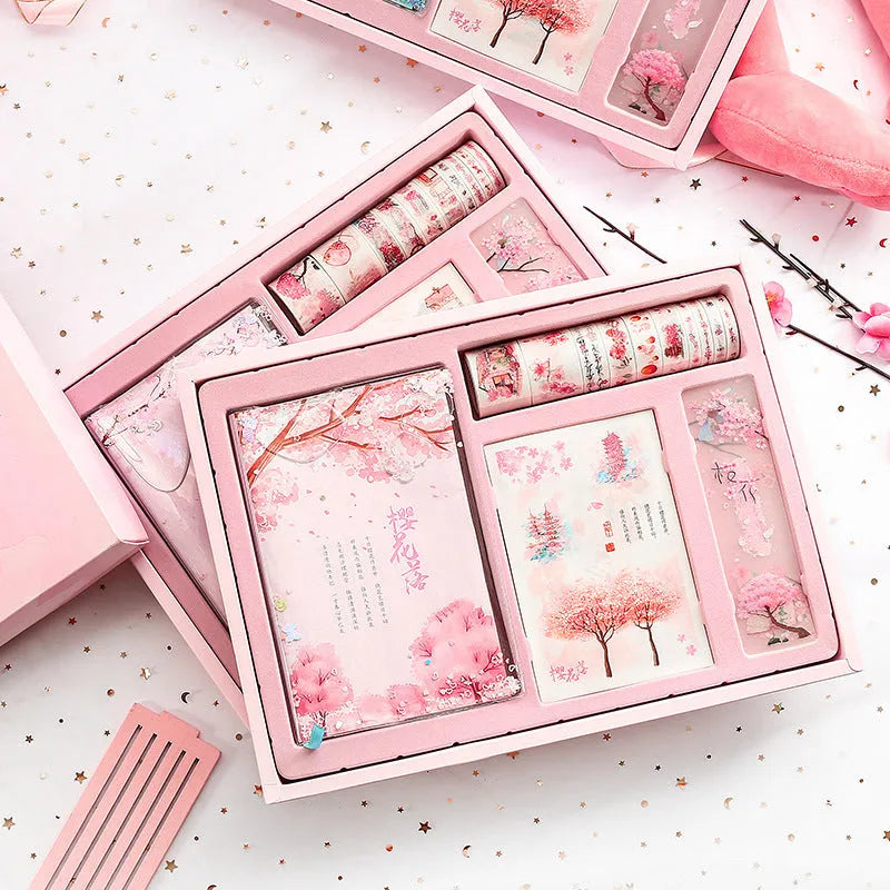 Cherry blossom hand ledger gift box set with paper cover, wireless binding, 33 x 24.5 cm size, and OPP packaging.
