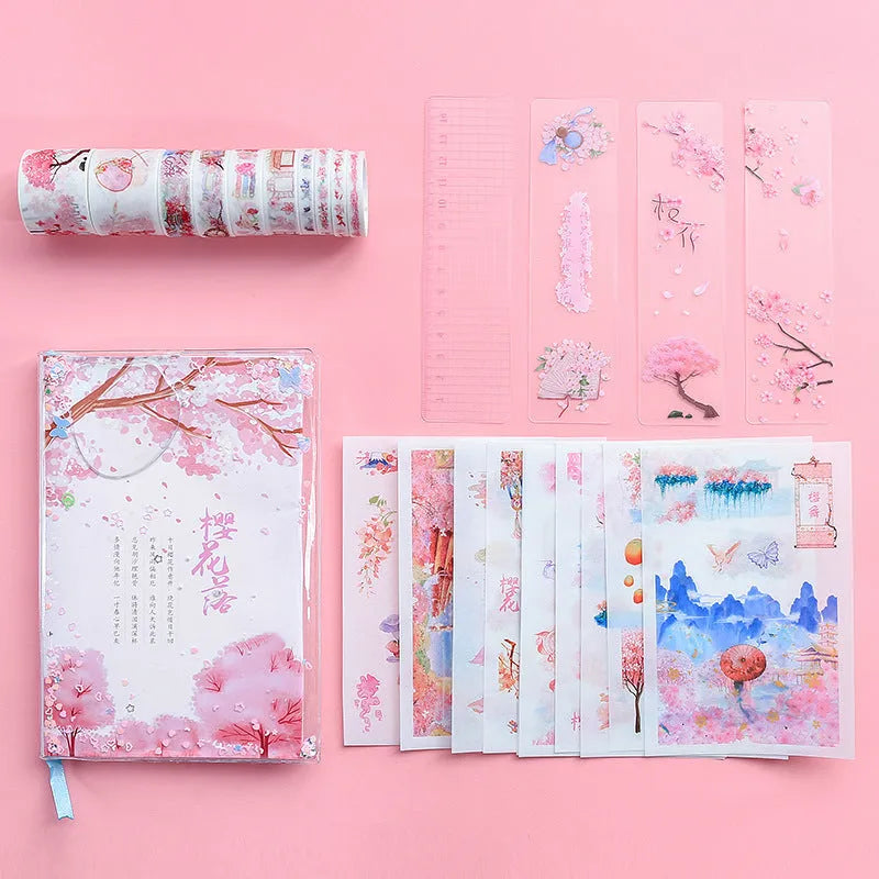 Cherry blossom hand ledger gift box set with paper cover, wireless binding, 33 x 24.5 cm size, and OPP packaging.