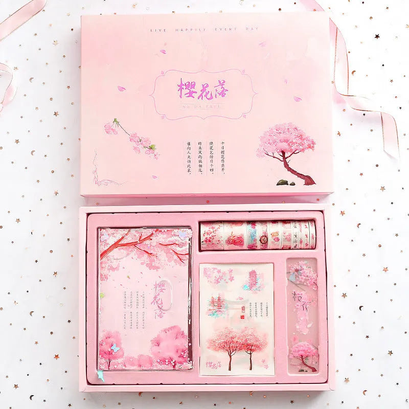 Cherry blossom hand ledger gift box set with paper cover, wireless binding, 33 x 24.5 cm size, and OPP packaging.