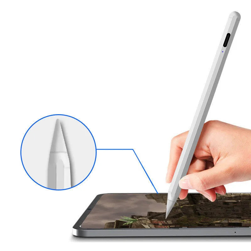 White magnetic stylus holder case attached to an iPad, showing a compatible stylus secured in place.