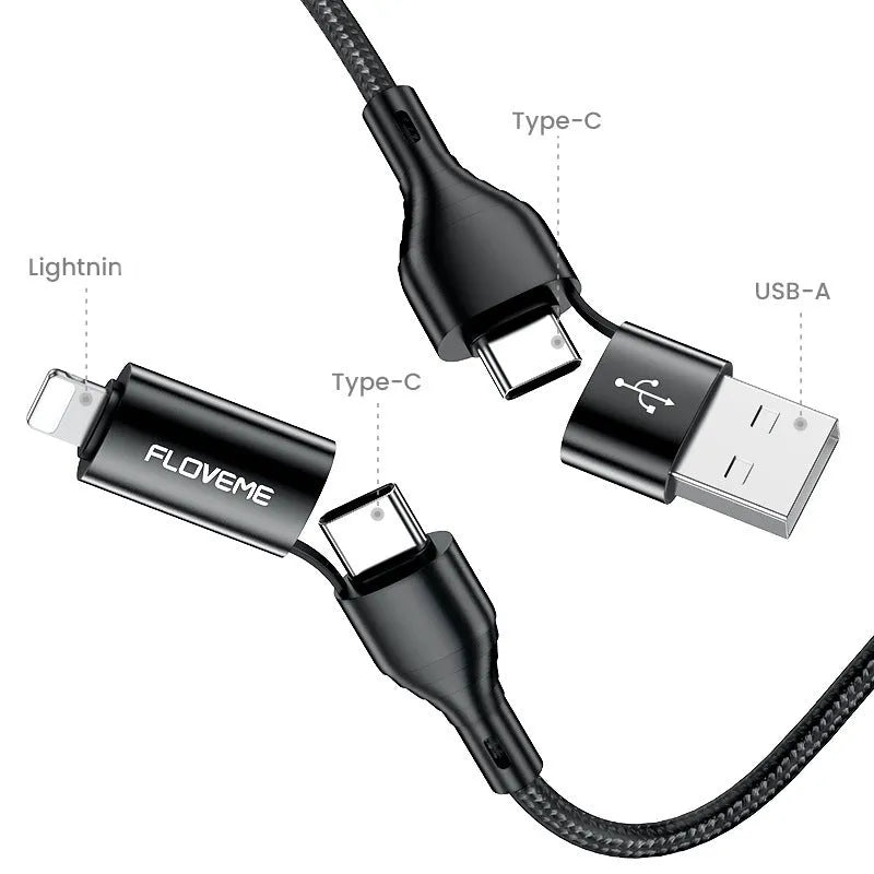 Black nylon-braided 4-in-1 fast charging data cable with USB-C and Lightning connectors.
