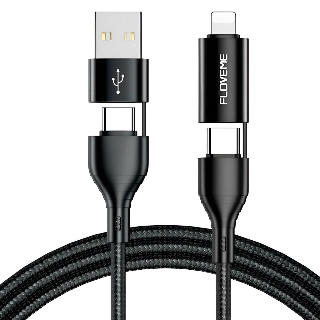 Black nylon-braided 4-in-1 fast charging data cable with USB-C and Lightning connectors.