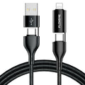 Black nylon-braided 4-in-1 fast charging data cable with USB-C and Lightning connectors.