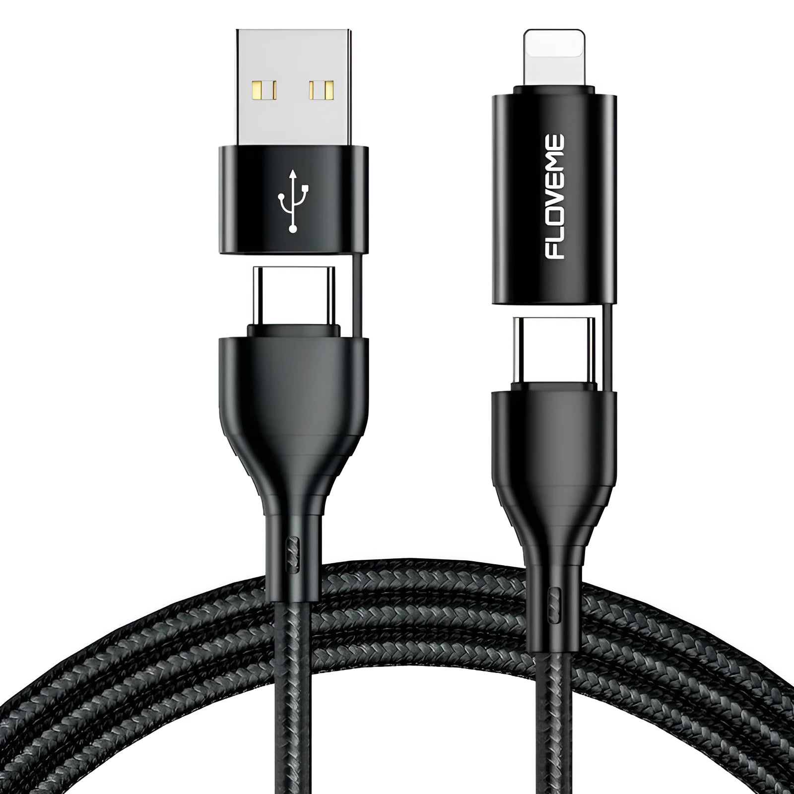 Black nylon-braided 4-in-1 fast charging data cable with USB-C and Lightning connectors.