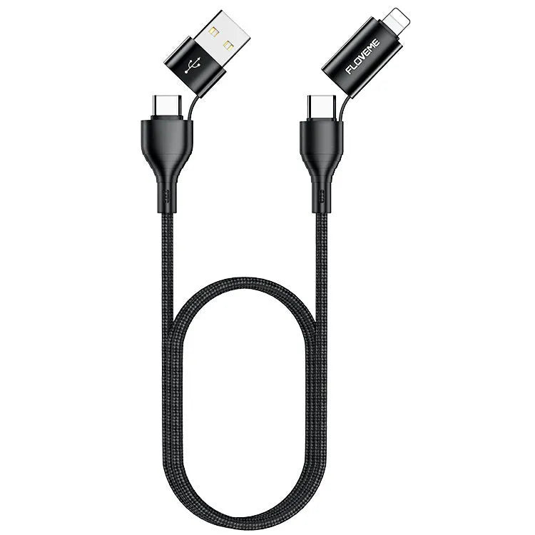 Black nylon-braided 4-in-1 fast charging data cable with USB-C and Lightning connectors.