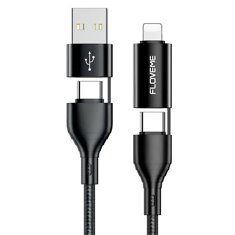 Black nylon-braided 4-in-1 fast charging data cable with USB-C and Lightning connectors.