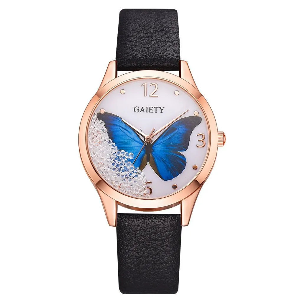 Gaiety women's dress watch with removable rhinestone butterfly decoration on leather strap