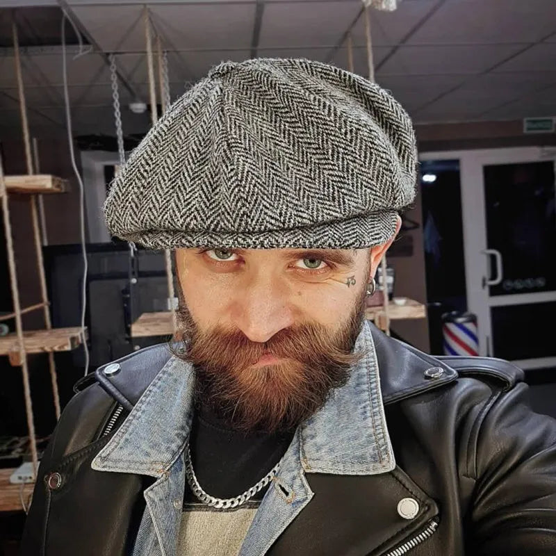 Wool newsboy cap in brown plaid pattern, unisex adult beret style