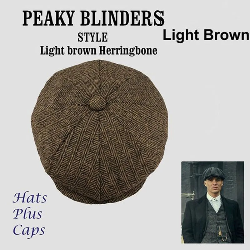 Wool newsboy cap in brown plaid pattern, unisex adult beret style