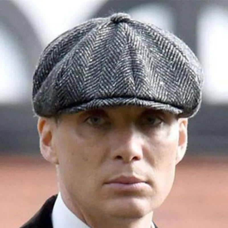 Wool newsboy cap in brown plaid pattern, unisex adult beret style