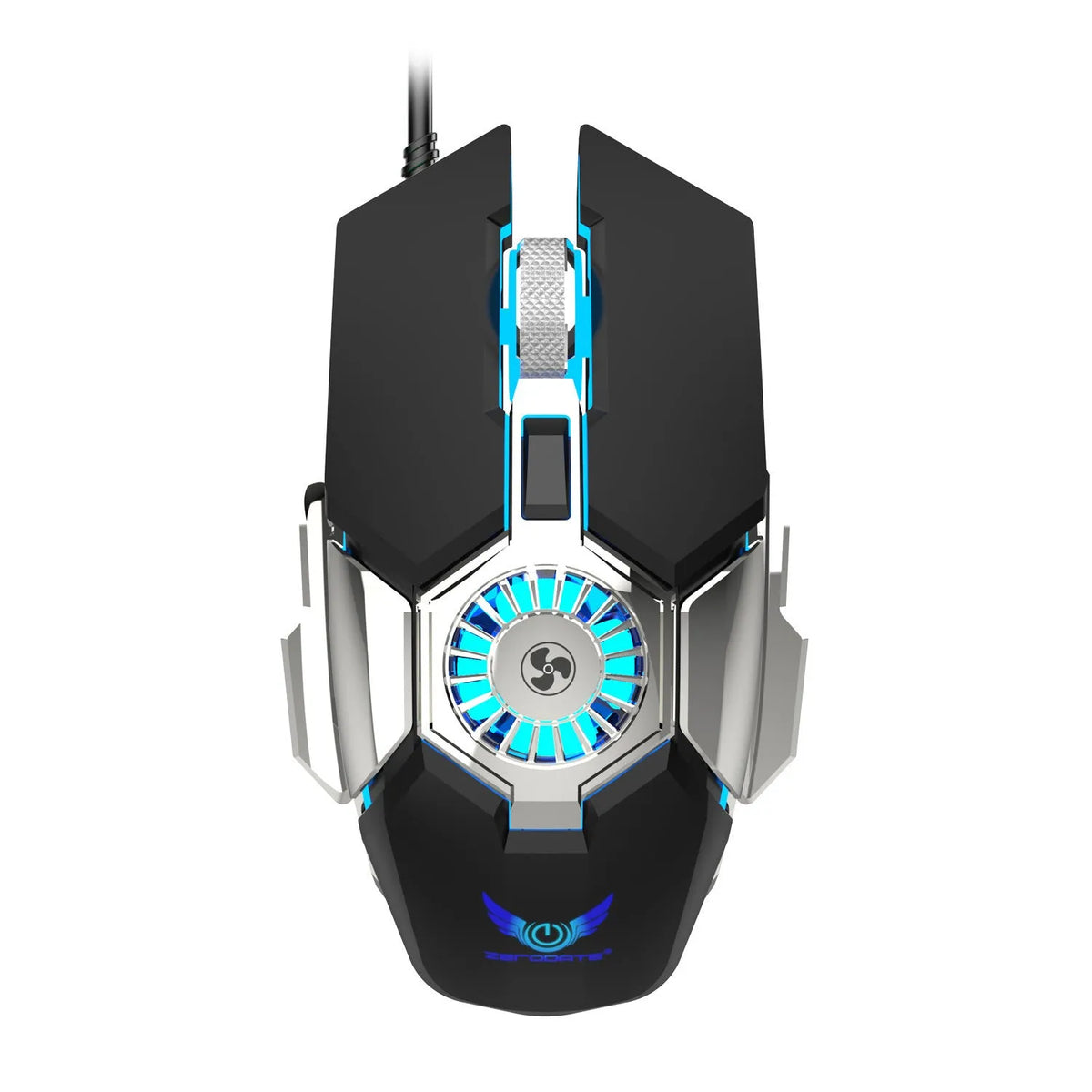 Black or grey wired gaming mouse, 6400 DPI, six keys, ergonomic, 128mm x 80mm x 40mm, USB cable.