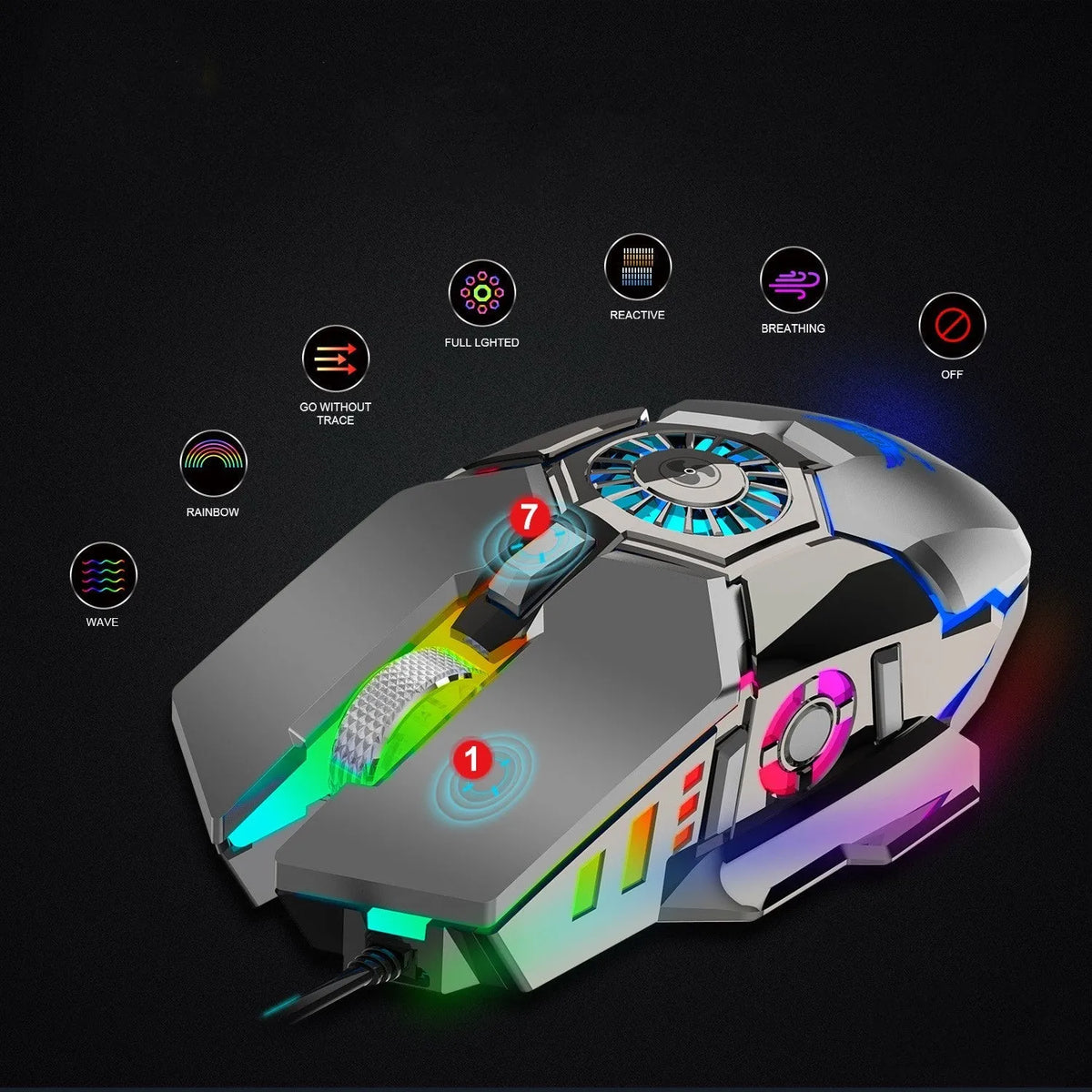 Black or grey wired gaming mouse, 6400 DPI, six keys, ergonomic, 128mm x 80mm x 40mm, USB cable.
