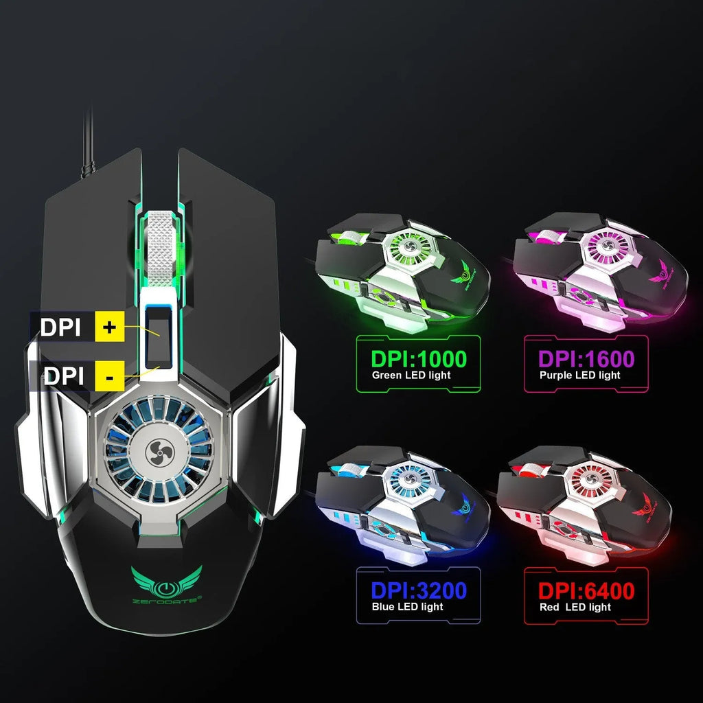 Black or grey wired gaming mouse, 6400 DPI, six keys, ergonomic, 128mm x 80mm x 40mm, USB cable.