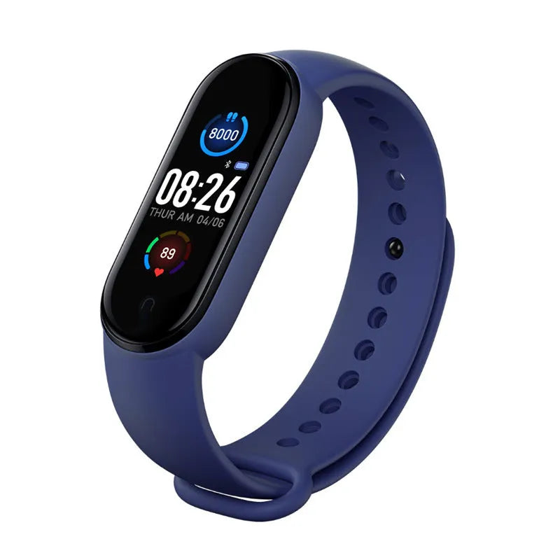 Black M5 smart fitness bracelet on a wrist, showing a 0.96-inch screen displaying heart rate data.